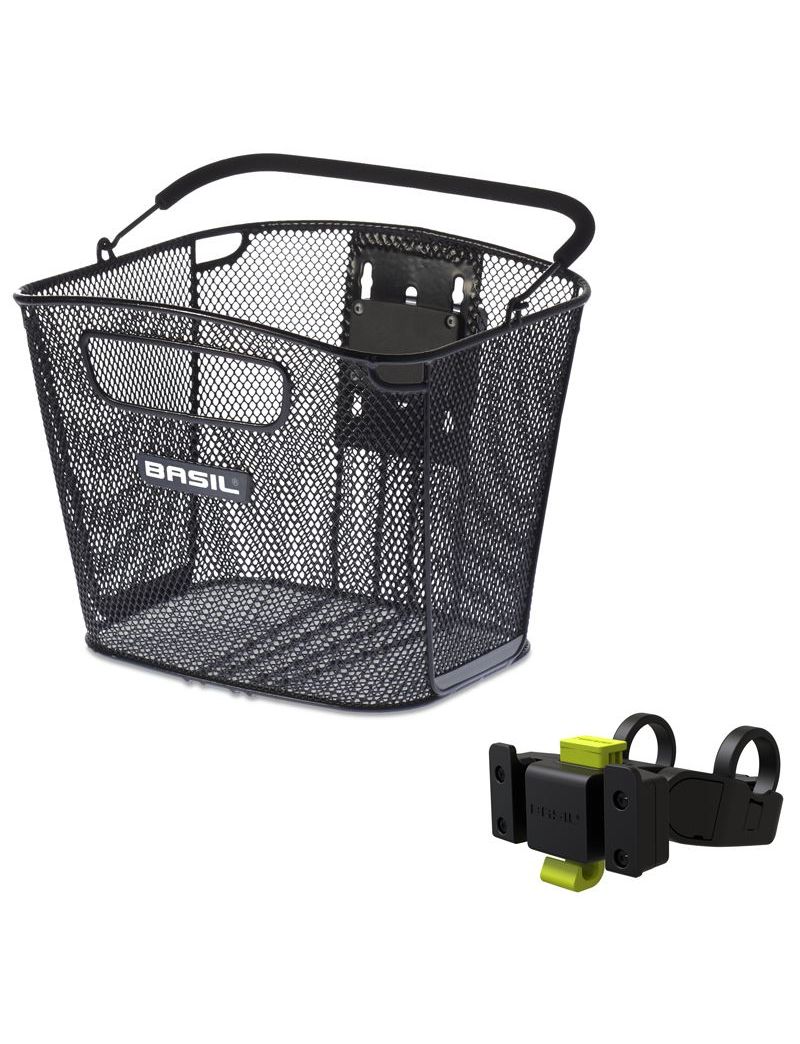 Kosz na kierownicę BASIL BOLD FRONT KF stalowy czarny + Płytka mocująca do kosza BASIL KLICKFIX ADAPTER system do mocowania na kierownicę odpinany + Wspornik mocujący do kierownicy BASIL HANDLEBAR HOLDER FOR KLICKFIX PLATES śr.25-31,8mm (NEW) 