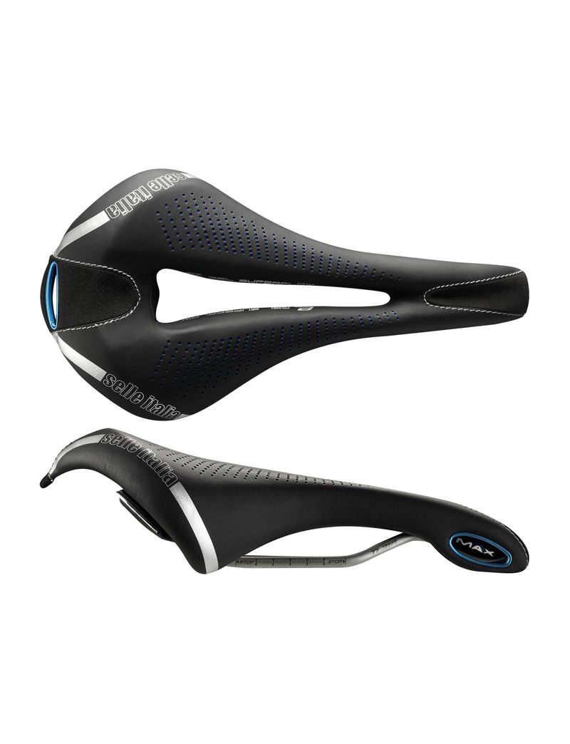 Siodło SELLE ITALIA MAX FLITE E-BIKE GEL SUPERFLOW L (id match - L3) TI 316 Tube 7, fibra-tek - Mokka, 320g czarno-niebieski (NEW) 