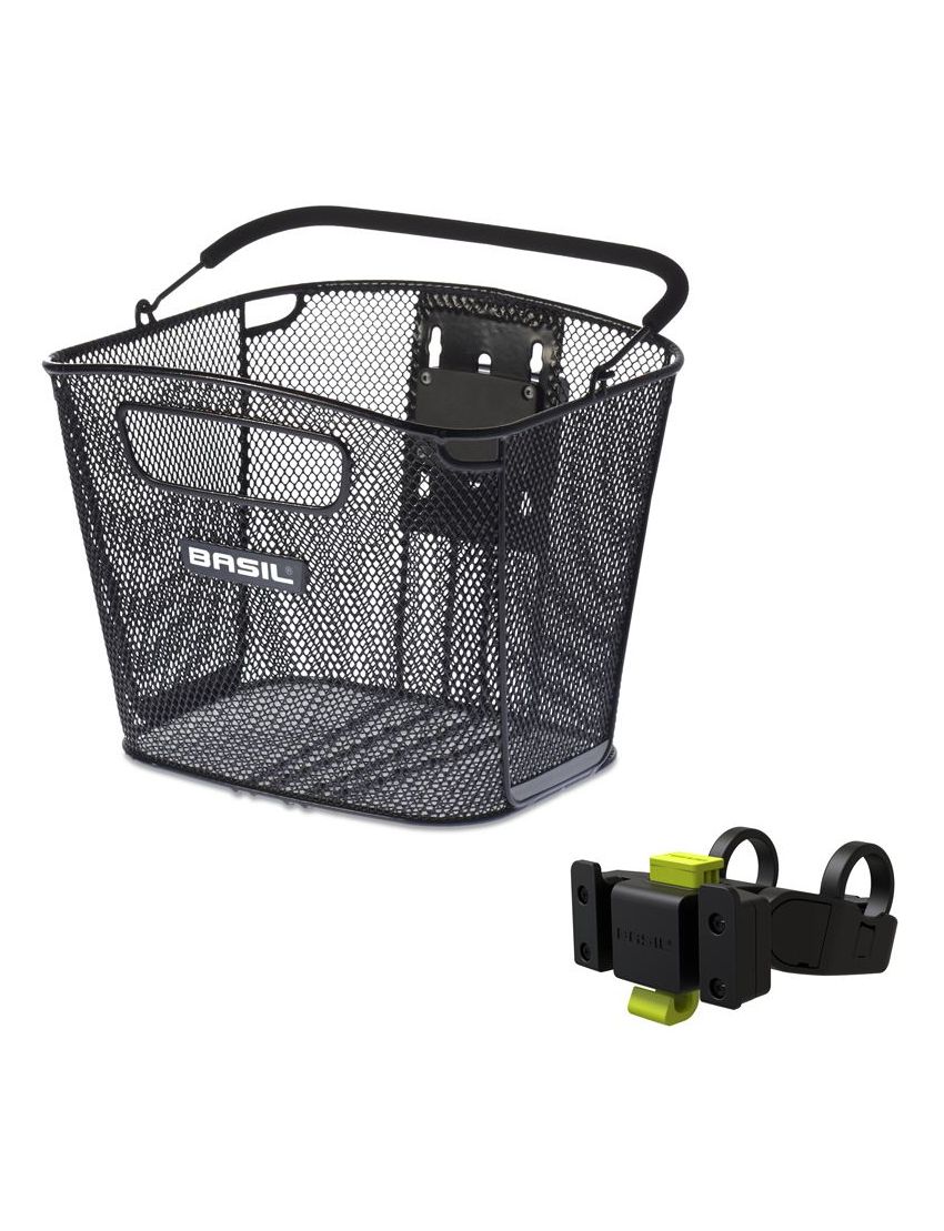 Kosz na kierownicę BASIL BOLD FRONT KF stalowy czarny + Płytka mocująca do kosza BASIL KLICKFIX ADAPTER system do mocowania na kierownicę odpinany + Wspornik mocujący do kierownicy BASIL HANDLEBAR HOLDER FOR KLICKFIX PLATES śr.25-31,8mm (NEW) 