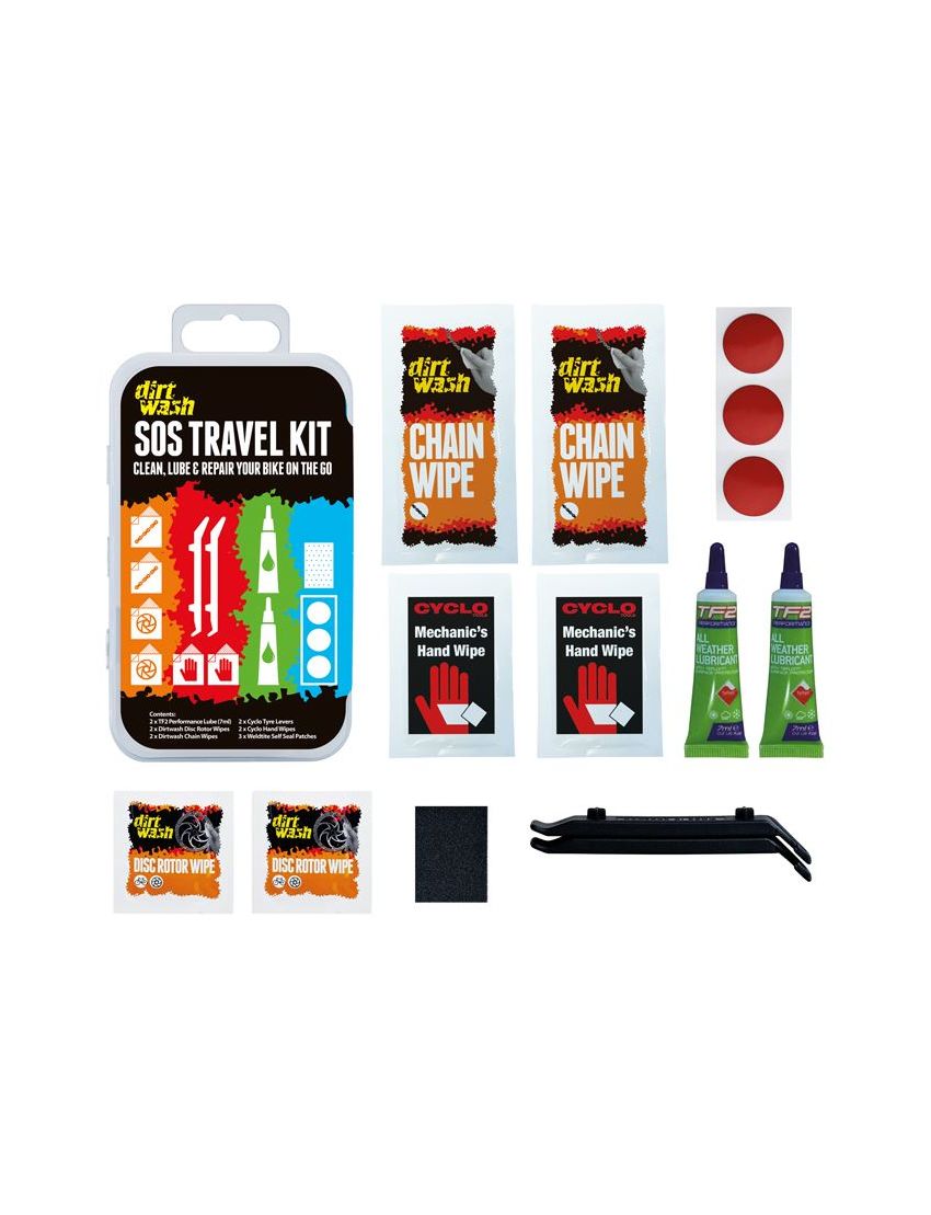 Zestaw czyszcząco-naprawczy WELDTITE DIRTWASH SOS TRAVEL KIT 3x łatki samoprzylepne + 2x łyżki + 2x oleje + chusteczki 